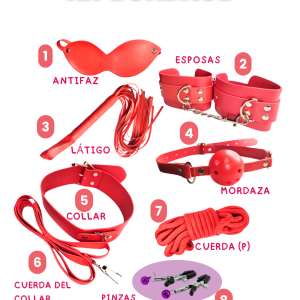 Kit de Iniciación BDSM de 8 Piezas – Pasión y Dominación en Cuero PU Rojo